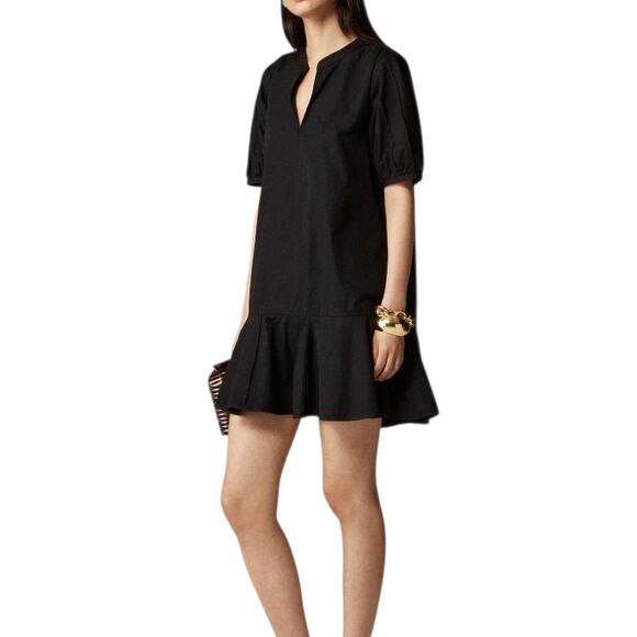 J. Crew Delilah Mini Dress Black Cotton Poplin Split V Neck Puff Sleeve Small - Picture 1 of 11